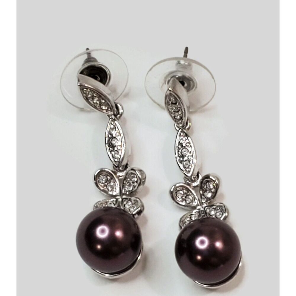 Rhinestone & Bronze-z Purple Faux Pearl Silver Tone Drop Earrings